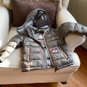 Moncler boys size 4 winter down jacket. Grey with removable hood.